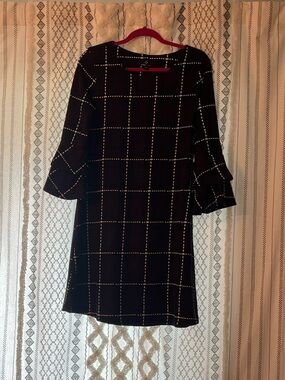 Windowpane-Check Black Dress with Ruffle Sleeves